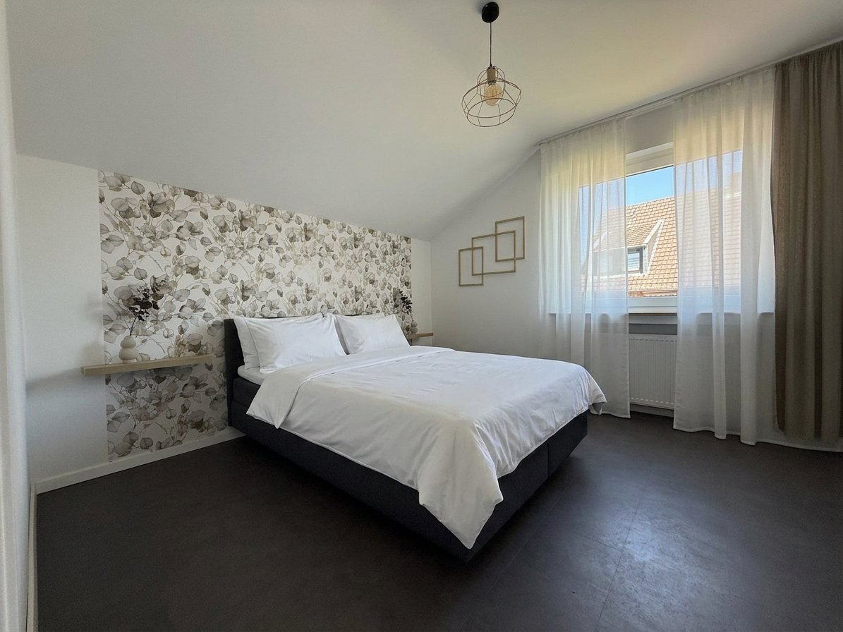 Schlafzimmer mit floraler Tapete